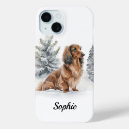 雪の中のロングヘアードダックスフンド iPhone 15ケース