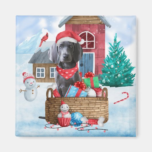 雪の中のワイマラナー犬 クリスマスの犬小屋 マグネット (正面)