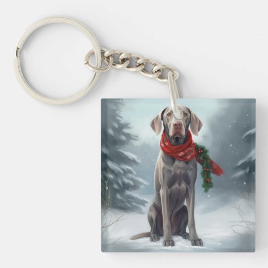 雪の中のワイマラナー犬 クリスマス キーホルダー (正面)