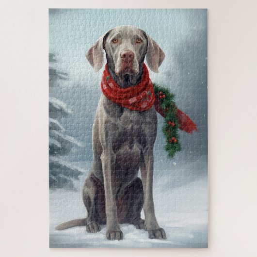 雪の中のワイマラナー犬 クリスマス ジグソーパズル (縦)