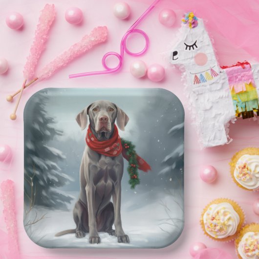 雪の中のワイマラナー犬 クリスマス ペーパープレート (パーティー)