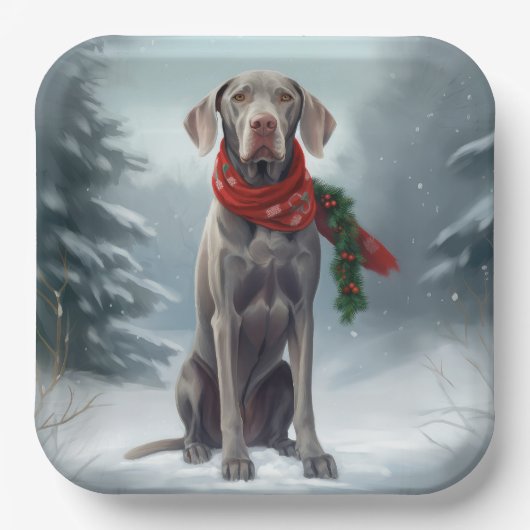 雪の中のワイマラナー犬 クリスマス ペーパープレート (正面)