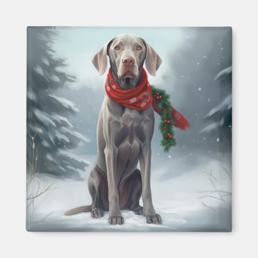 雪の中のワイマラナー犬 クリスマス マグネット (正面)