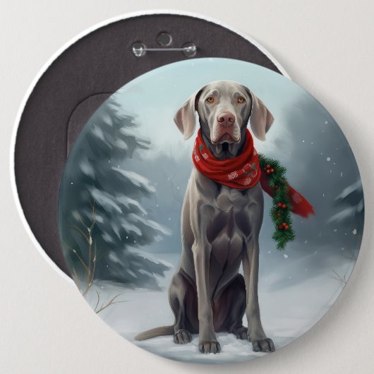 雪の中のワイマラナー犬 クリスマス 缶バッジ (正面&裏面)