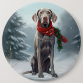 雪の中のワイマラナー犬 クリスマス 缶バッジ (正面)