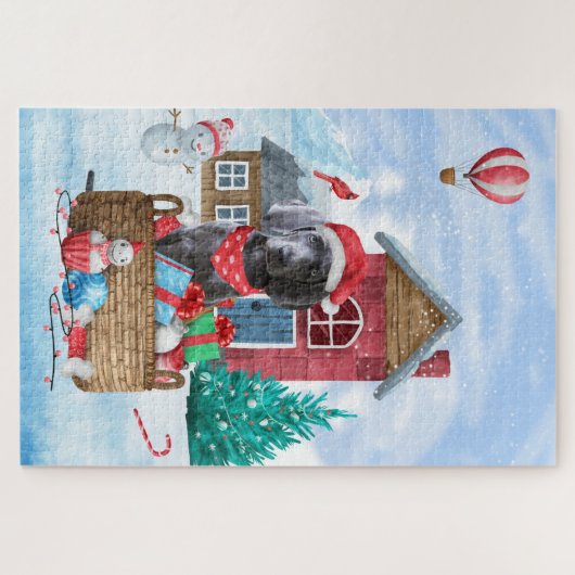 雪の中のワイマランアドッグのクリスマスドッグハウス ジグソーパズル (横)