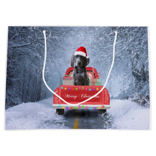 雪の中のワイマラードッグにクリスマストラックに座って ラージペーパーバッグ (正面)