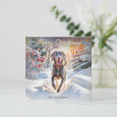 雪の中のヴァイマラナー犬 メリークリスマス シーズンカード (スタンド正面)