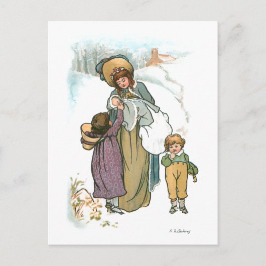 雪の中のヴィンテージと子供 シーズンポストカード (正面)
