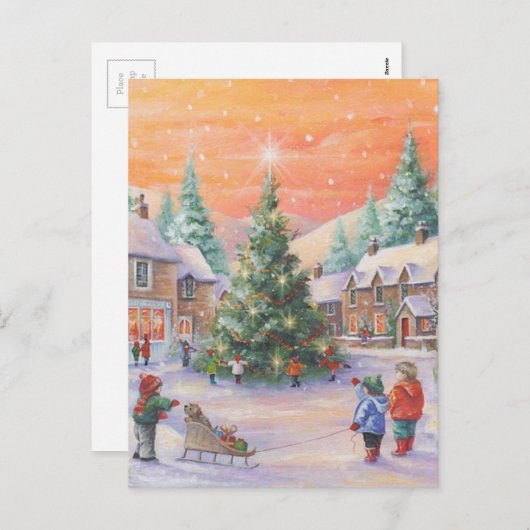 雪の中のヴィンテージのクリスマスの子供 シーズンポストカード (正面/裏面)