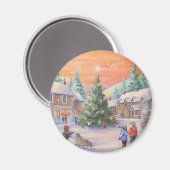 雪の中のヴィンテージのクリスマスの子供 マグネット (正面/裏面)