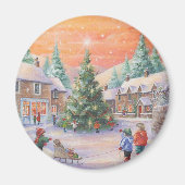 雪の中のヴィンテージのクリスマスの子供 マグネット (正面)