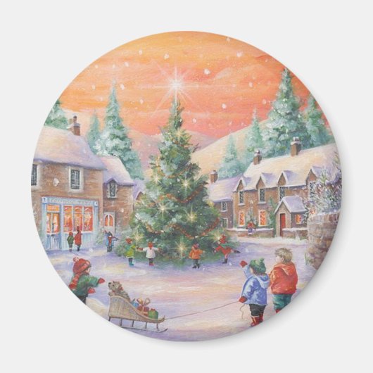 雪の中のヴィンテージのクリスマスの子供 マグネット (正面)