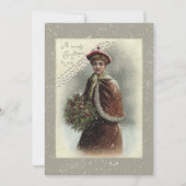 雪の中のヴィンテージの女性とクリスマスの挨拶 シーズンカード (正面)