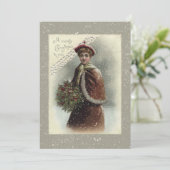 雪の中のヴィンテージの女性とクリスマスの挨拶 シーズンカード (スタンド正面)