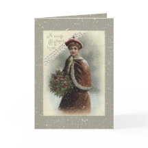 雪の中のヴィンテージの女性とクリスマスの挨拶