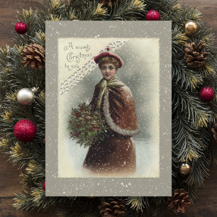 雪の中のヴィンテージの女性とクリスマスの挨拶 シーズンカード