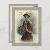 雪の中のヴィンテージの女性とクリスマスの挨拶 シーズンポストカード (正面/裏面)