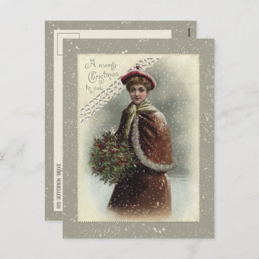 雪の中のヴィンテージの女性とクリスマスの挨拶 シーズンポストカード (正面/裏面)