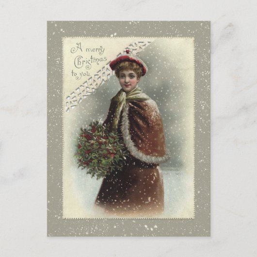雪の中のヴィンテージの女性とクリスマスの挨拶 シーズンポストカード (正面)