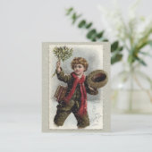 雪の中のヴィンテージの男の子と聖降誕祭お目出度い シーズンポストカード (スタンド正面)