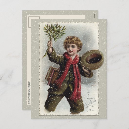 雪の中のヴィンテージの男の子と聖降誕祭お目出度い シーズンポストカード (正面/裏面)