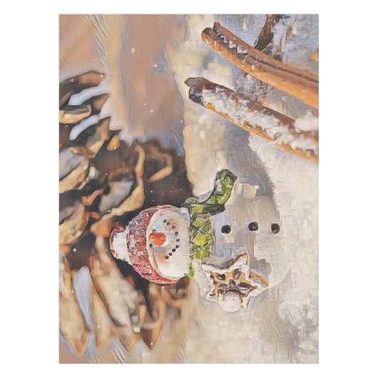 雪の中のヴィンテージの雪だるまの絵画 テーブルクロス (正面)