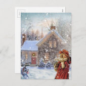 雪の中のヴィンテージクリスマスガール シーズンポストカード (正面/裏面)