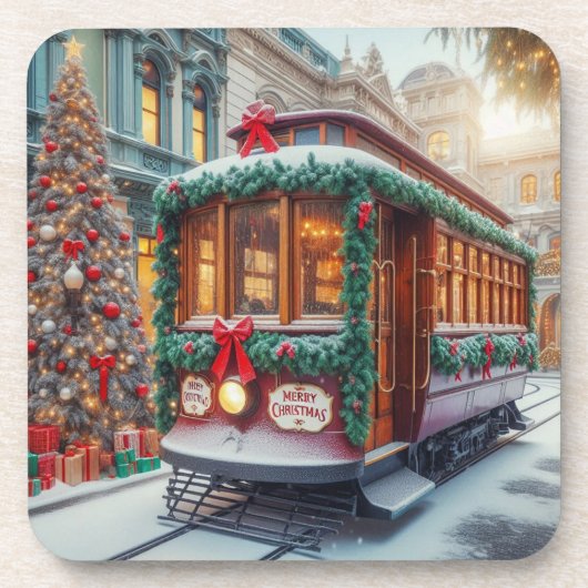雪の中のヴィンテージクリスマスストリートカー コースター (正面)