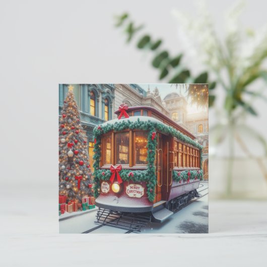 雪の中のヴィンテージクリスマスストリートカー シーズンカード (スタンド正面)