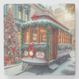 雪の中のヴィンテージクリスマスストリートカー ストーンコースター