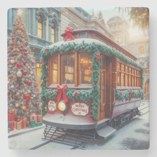 雪の中のヴィンテージクリスマスストリートカー ストーンコースター (正面)
