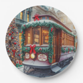 雪の中のヴィンテージクリスマスストリートカー ペーパープレート