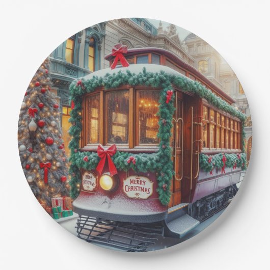 雪の中のヴィンテージクリスマスストリートカー ペーパープレート (正面)