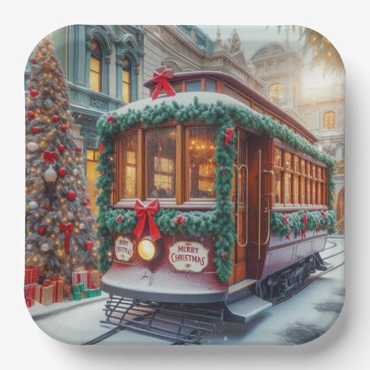 雪の中のヴィンテージクリスマスストリートカー ペーパープレート (正面)
