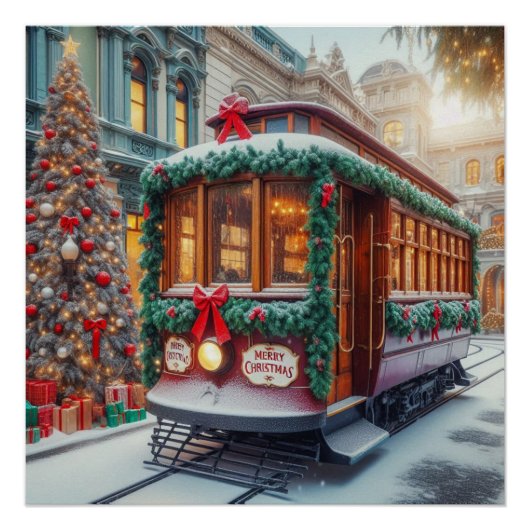 雪の中のヴィンテージクリスマスストリートカー ポスター (正面)