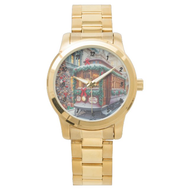 雪の中のヴィンテージクリスマスストリートカー 腕時計 (正面)