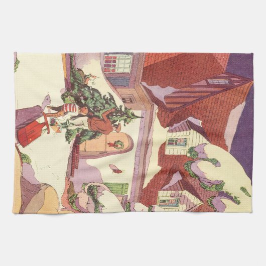 雪の中のヴィンテージクリスマスファミリーハウス キッチンタオル (横)