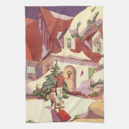 雪の中のヴィンテージクリスマスファミリーハウス キッチンタオル