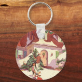 雪の中のヴィンテージクリスマスファミリーハウス キーホルダー (正面)