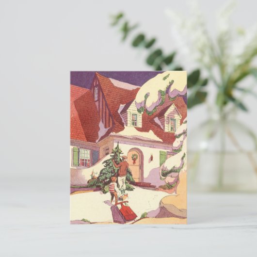 雪の中のヴィンテージクリスマスファミリーハウス シーズンポストカード (スタンド正面)
