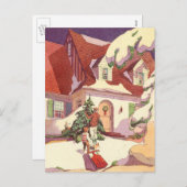 雪の中のヴィンテージクリスマスファミリーハウス シーズンポストカード (正面/裏面)