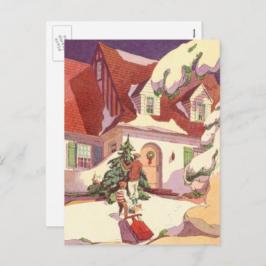 雪の中のヴィンテージクリスマスファミリーハウス シーズンポストカード (正面/裏面)