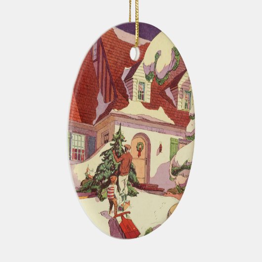 雪の中のヴィンテージクリスマスファミリーハウス セラミックオーナメント (右)