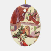 雪の中のヴィンテージクリスマスファミリーハウス セラミックオーナメント (正面)