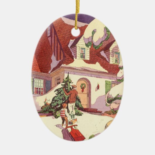 雪の中のヴィンテージクリスマスファミリーハウス セラミックオーナメント (正面)