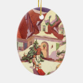 雪の中のヴィンテージクリスマスファミリーハウス セラミックオーナメント (裏面)