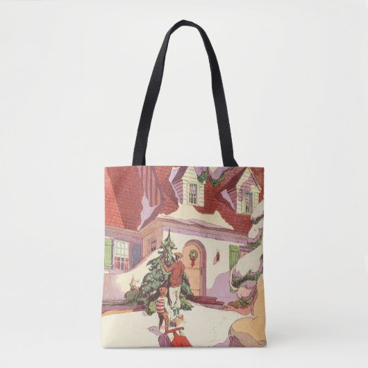 雪の中のヴィンテージクリスマスファミリーハウス トートバッグ (正面)