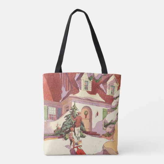 雪の中のヴィンテージクリスマスファミリーハウス トートバッグ (裏面)