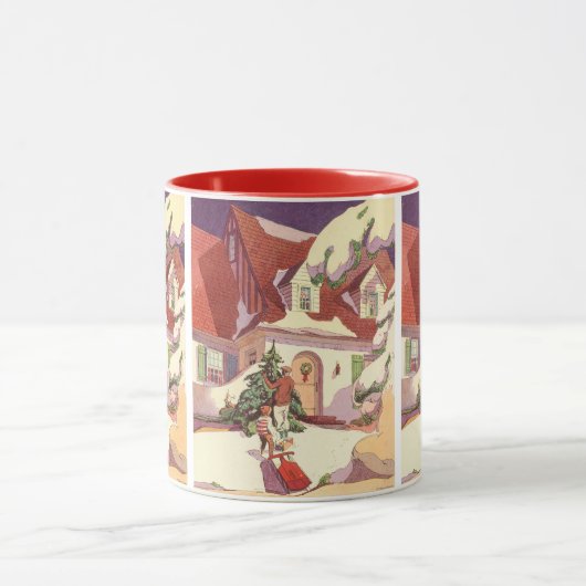 雪の中のヴィンテージクリスマスファミリーハウス マグカップ (中央)
